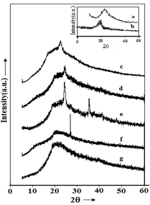 Figure 1: X- ray diffractograms of DMSO casted (c) PVK, (d) PVA: PVK and PVA: PVK: CH3COONH4: EC nanocomposite electrolyte containing (e) 0, (f) 6 and (g) 8 wt% SiO2. Inset shows XRD of (a) DMSO casted PVA and (b) SiO2.
