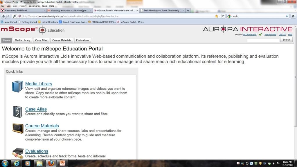 Figure 3: The log in page of the MScope educational portal that shows the interactive menu, which gives access to the enormous knowledge, including case discussion, atlas, course materials and evaluation.