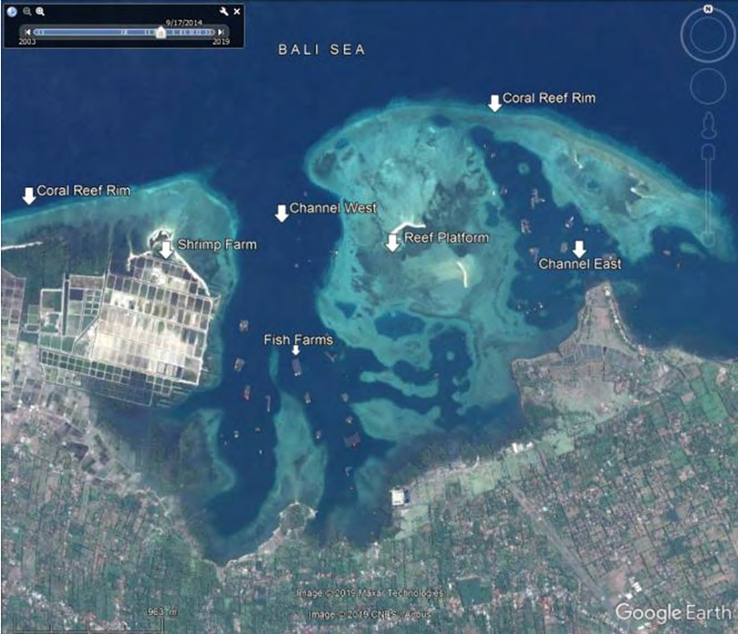 Figure 1: Study area Pegametan Bay. Satellite image Sep 17, 2014 [39].