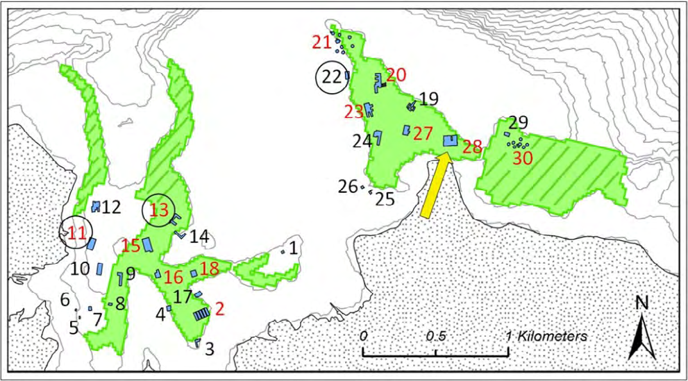 Figure 2: Operative fish farms have a wide range of sizes [29]. The floating net cages of most farms are of the type most common found in Indonesia: the fish farms are small-scale cage farms consisting of wooden rafts kept afloat by plastic drums. Each cage typically measures 3 m × 3 m × 3 m, and the cages are connected to form a floating raft to reduce the effect of waves and currents. The stocking density of these farms used at the site mainly for cultivation of grouper is about 10-20 kg/m3. There are 18 traditional farms with up to 380 cages each (see farms 1-18 in Figure 2) along the western channel, while there are two large-scale commercial farm clusters in addition to 10 traditional fish farms with up to 320 cages along the eastern channel (see farms 19 to 30 in Figure 2).
