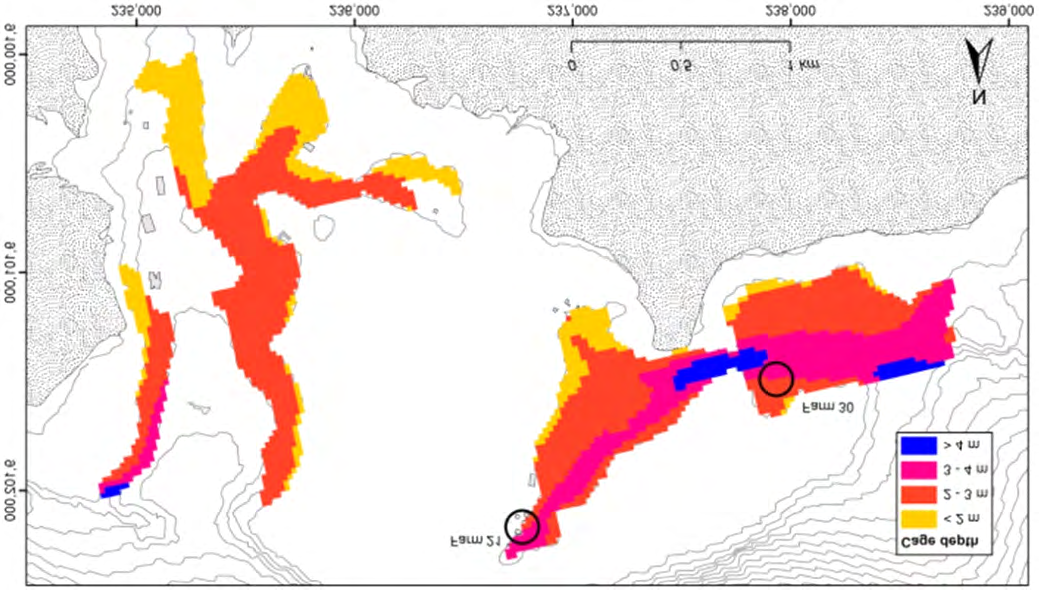 Figure 5: Permissible cage depths for stocking densities of 20 kg/m3 in the suitable areas of Pegametan Bay.