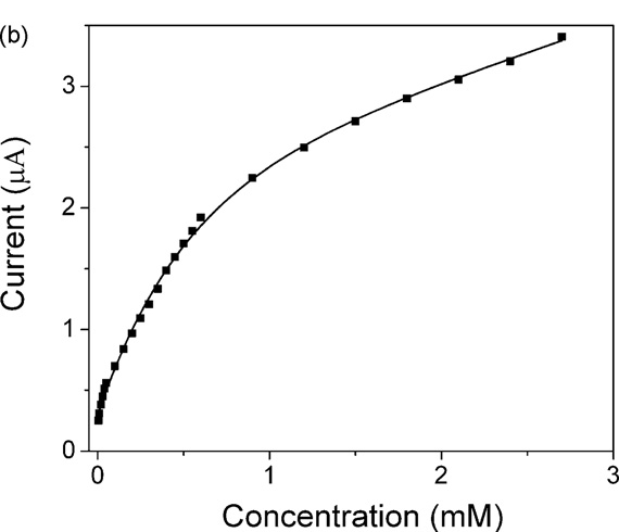 Figure 2: Amperometric response of the graphene oxide/ MnO2 electrode upon addition of H2O2 at −0.3 V. (b) The corresponding calibration curve between the current response and concentration of] H2O2 [70].