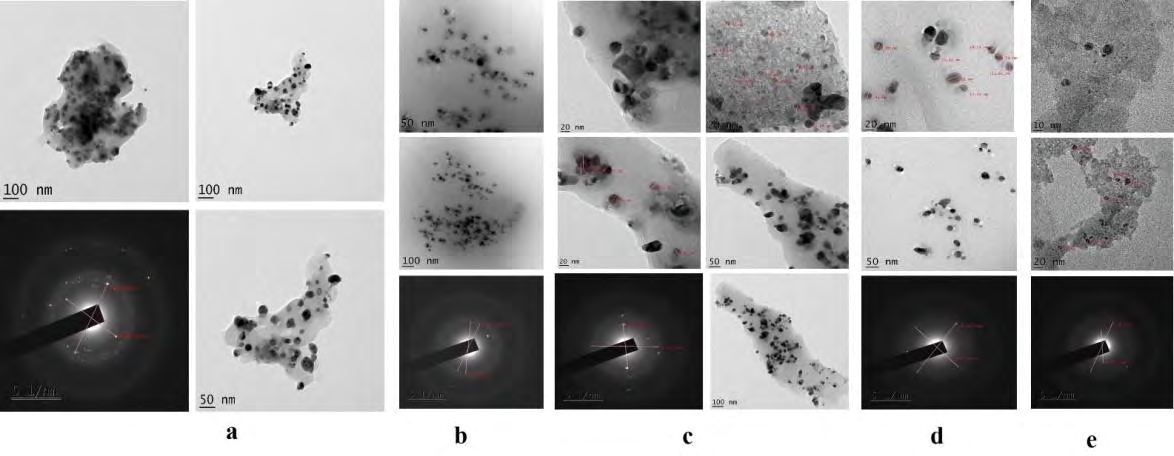 Figure 5: TEM images of AgNPs synthesized at pH 3,5,7,9 and 11 represented by a,b,c,d and e respectively.
