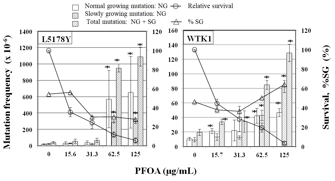 Figure 6: Effect of PPAR antagonists on TK mutation induction by CLF, IND, and PGZ. The frequency of TK mutation was obtained after a 3-day expression period following exposure to 94 µg/mL CLF, 100 µg/mL IND, or 125 µg/mL PGZ with or without 4 µg/mL PPAR antagonists. Mean of three trials are shown. The error bars indicate standard deviation of the mean of three independent trials. *Significantly higher than untreated cells: p<0.05. ★Significantly lower than without PPAR antagonist: p < 0.05. 30