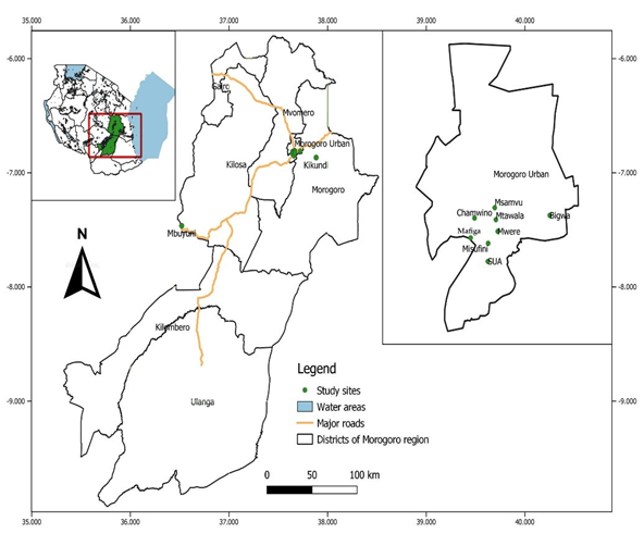Figure 1: Map showing the study sites (Misufini, Mafiga, Msamvu, SUA, Kikundi, Chamwino, Mtawala, Bigwa, Mwere and Mbuyuni) in Morogoro municipality, Tanzania.