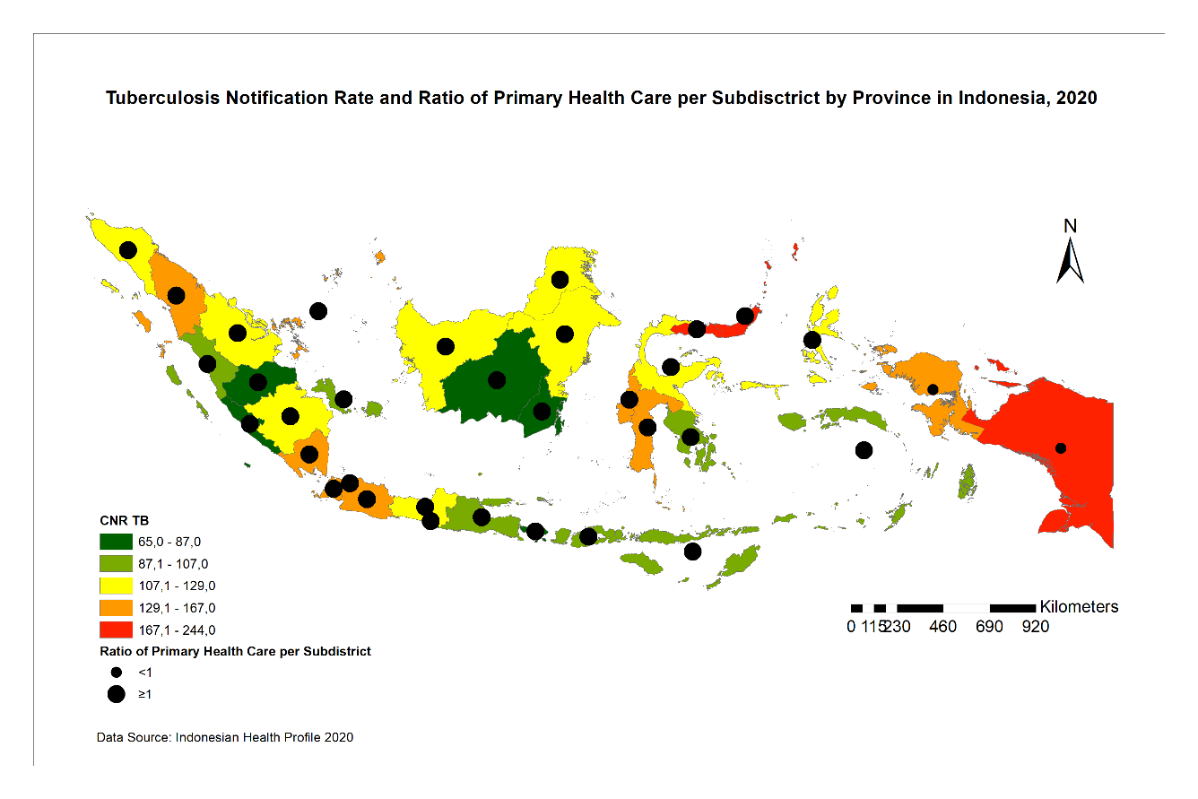 Figure 2: Tuberculosis Notification Rate and Ratio Primary Health Care per Subdistrict by Province in Indonesia, 2020.