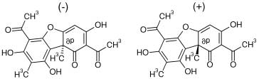 Figure 3: Structure of (–)-usnic acid and (+)-usnic acid enantiomers.