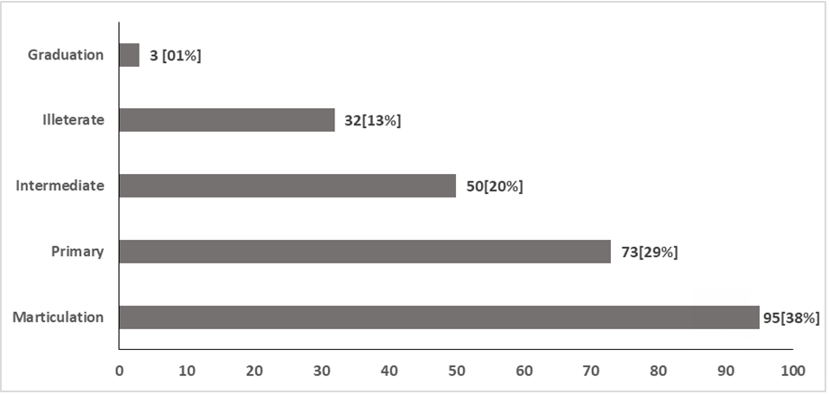 Figure 1: Maternal age directly correlates with exposure of ingestion, we found 150 (59%) mothers with age >30 years, similarly maternal educational status has a strong relationship with the exposure and we found 200 (79%) mothers either had tenth grade or minimal educational experience Figure 2.