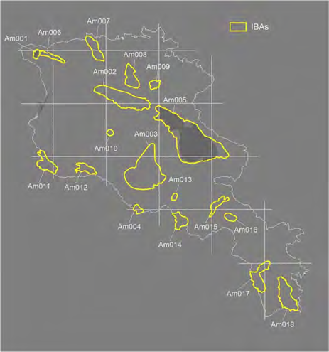 Figure 1: However, the further development of the IBA network faced some issues. From one side, the existing information is insufficient for management of the areas. From another side, a number of changes took place in regards to uplisting and downlisting of the species in IUCN Red List [2], but that process did not reflect the Armenian IBAs. And eventually, from the third side, the BirdLife International has modified the criteria of recognizing the IBAs [3], and that process also has not reflected the current IBAs of Armenia. Taking the mentioned above into consideration, there is a need for revision of the IBAs of Armenia. The first step of that process, a re-inventory of the IBAs, was conducted in 2019 [4], and the current paper is the second step of revision, which is aimed at refreshing the criteria of the existing IBAs and information on the threats and conservation measures, as well as analyzing a coverage of the distribution range of trigger species by the IBAs’ network.