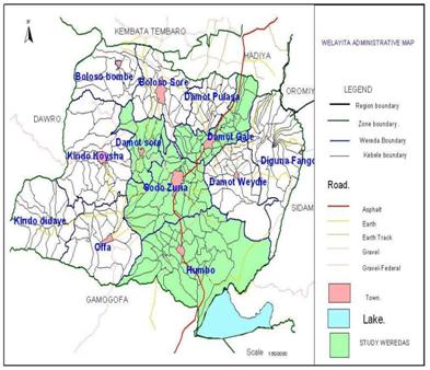 Figure 1: Map of Wolaita zone depicting the study areas (Wzfedd, 2005).