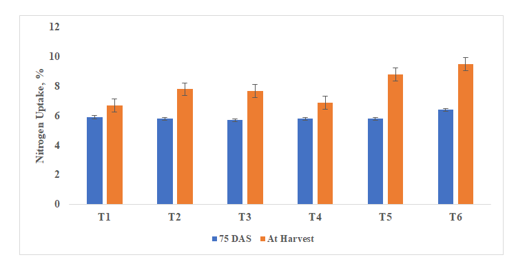 Figure 7: Nitrogen uptake in onion at 75 DAS and at harvest (R-4).