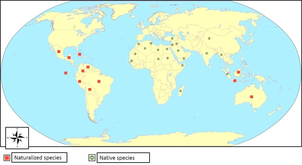 Figure 1: Global distribution of Calotropis procera in both native and naturalized habitats.