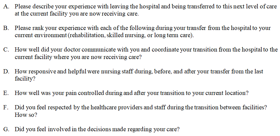 Figure 1: Questionnaire Items from Patient Experience with Post-Acute Care Transitions Survey Utilized to Collect Patient Experience Comments for Review in Provider and Staff Focus Groups.