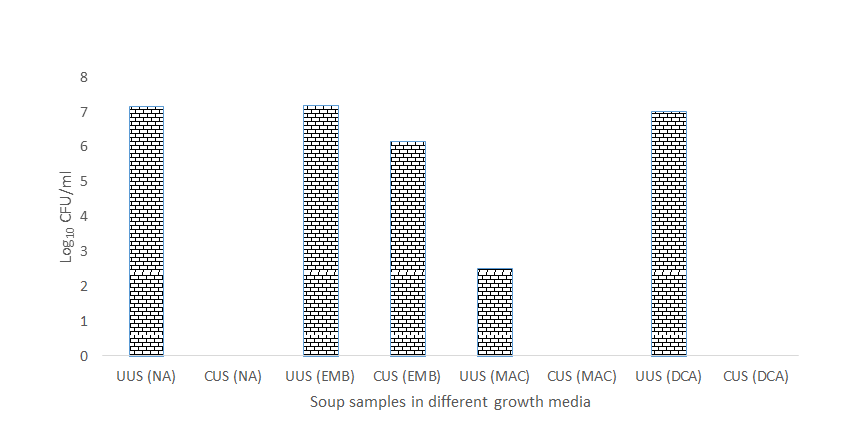 Figure 4: Total heterotrophic bacterial count and enteric bacterial population in cooked and uncooked ‘ukashi’ soups.