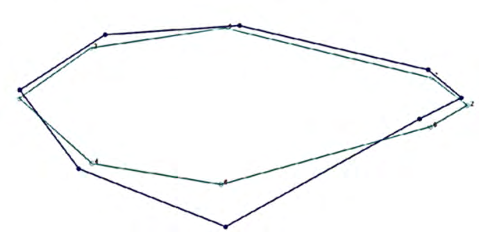 Figure 3: Deformation grid for the shape of Astyanax altiparanae. There is a greater variation (thick line) in the position of landmark 6 with respect to the average configuration (weak line).