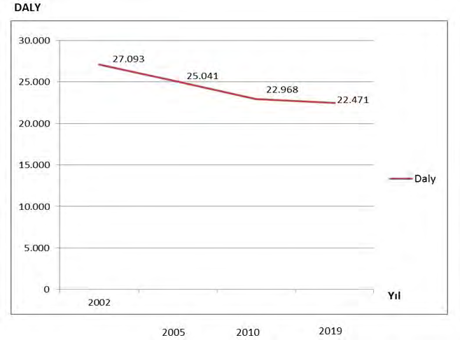 Figure 1: Number of DALYs at the National level in Turkey between the years 2002- 2019.