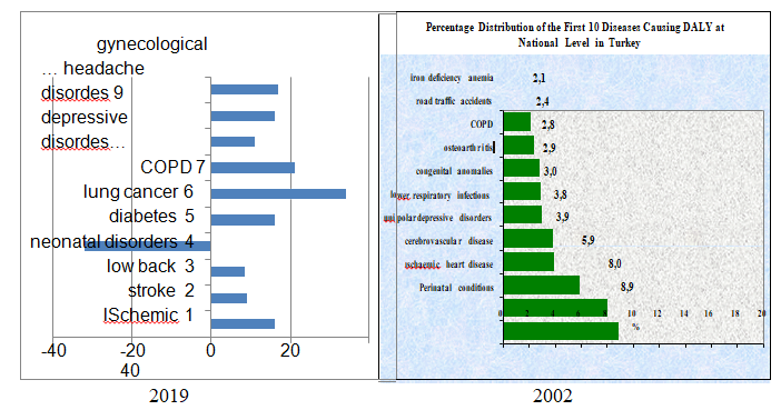 Figure 4: Distribution of DALY Causes at the National Level in Turkey by Primary Disease Groups, and 2019-2002 GBD Studies