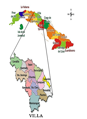 Figure 1: ** Administrative political map of Cuba and Villa Clara province with its 13 municipalities.
