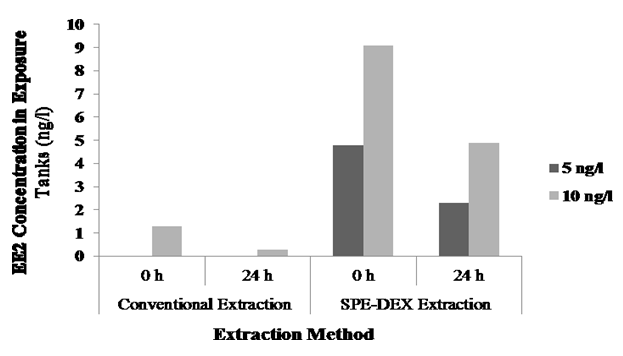 Figure 2: The initial and actual concentrations of EE2 in exposure tanks using conventional and SPE-DEX extraction.