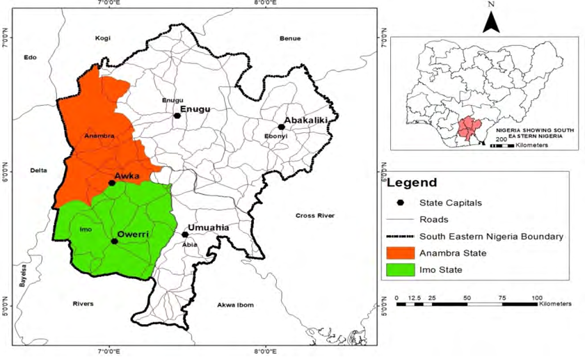 Figure 1: Map Showing Anambra and Imo States.