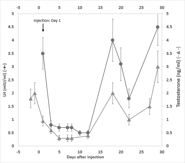 Figure 5: Serum LH (●) and Testosterone (▲) levels of one female rabbit upon a single injection of 1 mg/kg of GHR106(hIgG4) on day 1. The E2 and LH levels were determined every two days until day 30. (Data presented are means and error bars of three determinations).