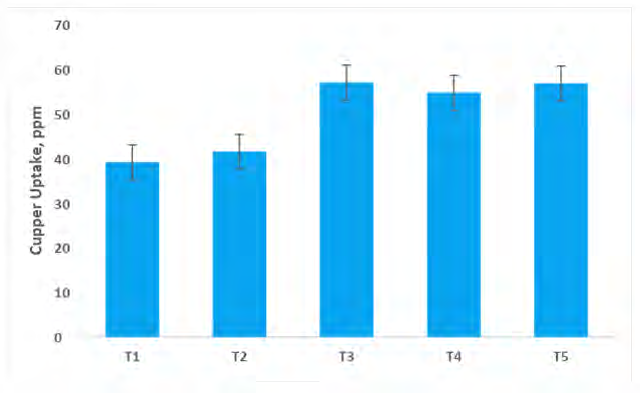 Figure 11: Copper uptake in capsicum at harvest (R-4). T1- Control; T2- Control (100% RDF); T3- Consortium AM Fungi; T4- Consortium PGPR; T5- Absolute Consortium PGPR+ AM Fungi