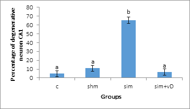 Figure 1: Effect of simvastatin and vitamin D the cA1 region of the hippocampus (Mean ± SEM). abc Different letters indicate a significant difference between groups in each column (p < 0.05).
