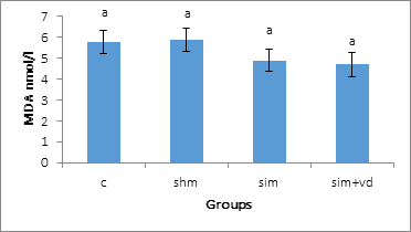 Figure 3: Effect of simvastatin and vitamin D on the MDA biochemical test (Mean ± SEM). abc Different letters indicate a significant difference between groups in each column (p < 0.05).