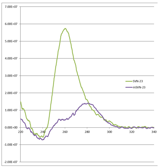 Figure 1: Circular Dichroism (CD) Spectroscopy: SVN-23 not the mSVN-23 oligonucleotides represented by a peak absorbance at 260 nm form a quadruplex in solution.