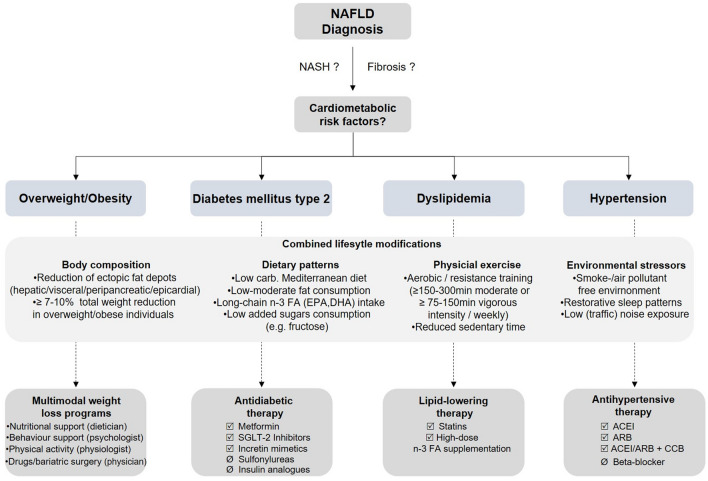 Figure 5: Courtesy ref no-143-A proposed algorithm for management of cardiometabolic risk factors in NAFLD patients. NAFLD non-alcoholic fatty liver disease carb. carbohydrates, n-3 FA omega-3 fatty acids, EPA eicosapentaenoic acid, DHA docosahexaenoic acid, min minute, SGLT2 sodium-glucose linked transporter2, ACEI angiotensin-converting-enzyme inhibitor, ARB angiotensin II receptor blocker, CCB calcium-channel blocker.