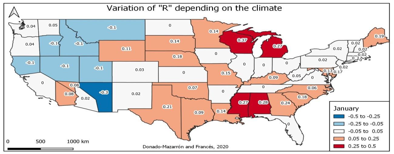 Figure 1: Variation in function R of the climate by states in the USA in the month of January. 2020.