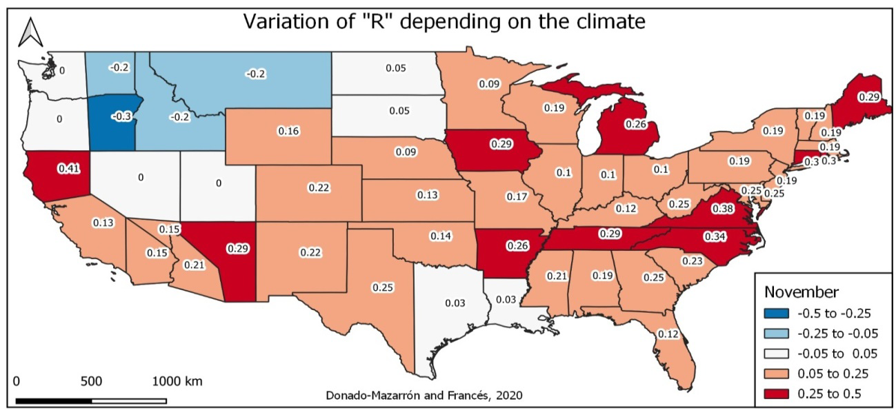 Figure 11: Variation in function R of the climate by states in the USA in the month of November 2020.