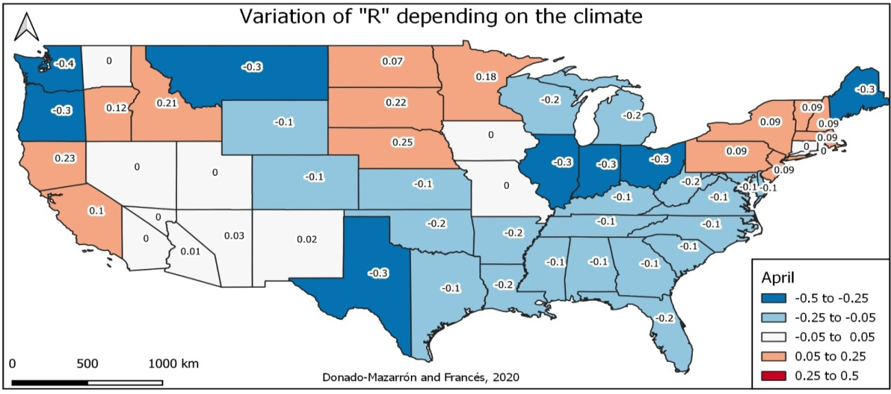 Figure 4: Variation in function R of the climate by states in the USA in the month of April. 2020.