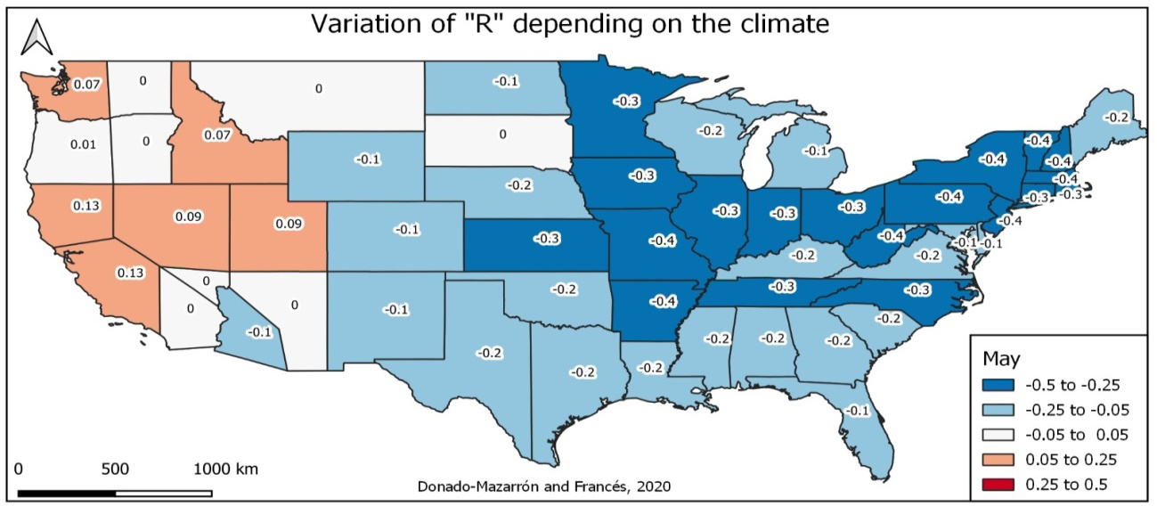 Figure 5: Variation in function R of the climate by states in the USA in the month of May. 2020.