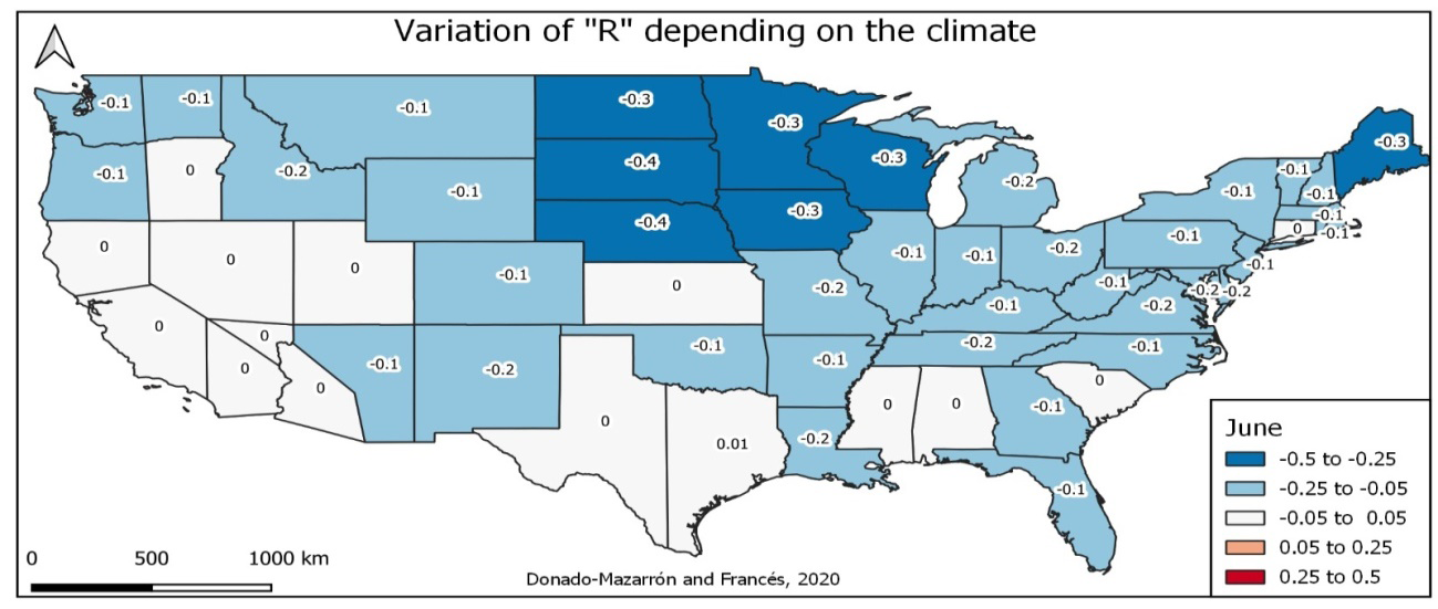 Figure 6: Variation in function R of the climate by states in the USA in the month of June. 2020.