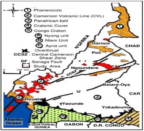 Figure 2: The geologic map of Cameroon showing region of study, major litho-tectonic suite and domains. • Pre-Rift stage, ranging from Late Proterozoic to Late Jurassic • Syn-rift phase (Apto-Albian) • Post-rift phase that ranges from Late Cretaceous to Holocene The basal formation in the Douala Sub-Basin is the Mundeck Formation Njoh is Barremian-Aptian to Albian in age and unconformably overlies the Precambrian basement complex [7]. It comprises oft4r basal conglomerates, conglomeritic sandstones, siltstones, claystones and shales that were deposited in a continental fluvio-lacustrine setting (Figure 3). The Logbadjeck formation (Mungo River) is directly overlying the Mundeck Formation. It ranges in age from Cenomanin to early Campanian Nguene and lithofacies include [11]; sandstone, siltstone, limestone, marlstone and shale. Directly above the Logbadjeck formation lies the late Campanian-Maastrichtian Logbaba formation. It is made up of shale, sand and sandstone and in places, limestone, sandstone and shale alternate. The first tertiary formation is the Paleocene-Eocene N’kapa formation which is predominantly calcareous to slightly silty claystone that is locally inter-bedded with sandstone and glauconitic claystone. The Souelaba Formation overlies the N’kapa formation and has been dated Oligocene-Miocene. It comprises of clay stones with inter-bedded sandstones and sands, locally calcareous, argillaceous and glauconitic. The next is the Matanda formation whose age is late Pliocene-Pleistocene. Its lithology is made up of gravels, sands with inter-bedded clay stones and clays and sometimes calcareous. The basin is capped by the Pleistocene-Holocene Wouri Formation which directly overlies the Matanda formation. It is composed of sands, sandstones, clay stones with local development of tuffs and lavas.