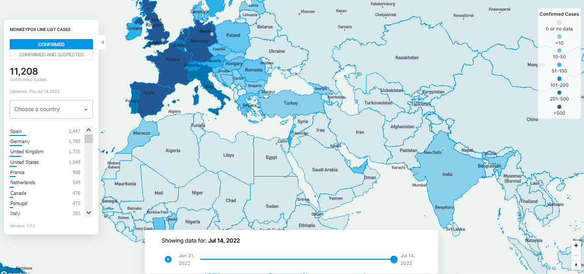 Figure 1: Map showing a total of 11,208 global MPX confirmed cases between Jan 31 and July 14, 2022. Source: https://map.monkeypox.global.health/country.