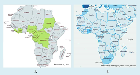 Figure 4: Maps showing African countries reporting confirmed MPX cases in 2019 (a) and 2022 (b).