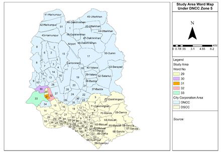 Figure 1: Map of Exact locations (with selected Wards No.) of study area in DNCC.
