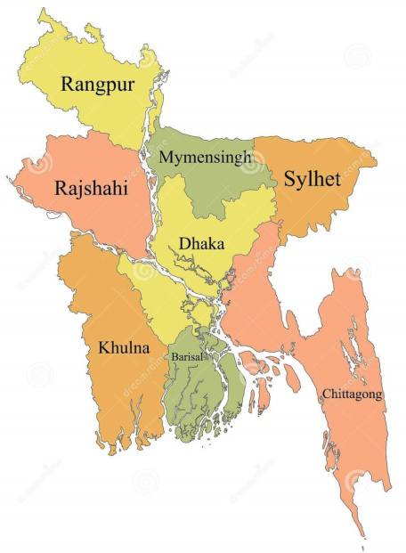 Figure 1: Locations of the study areas of Rajshahi and Rangpur division of Bangladesh.