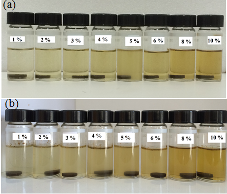Figure 5: Pellet core samples aging with various aqueous solutions of Matricaria Chamomilla extract: (a) first-day aging and (b) one-week aging.