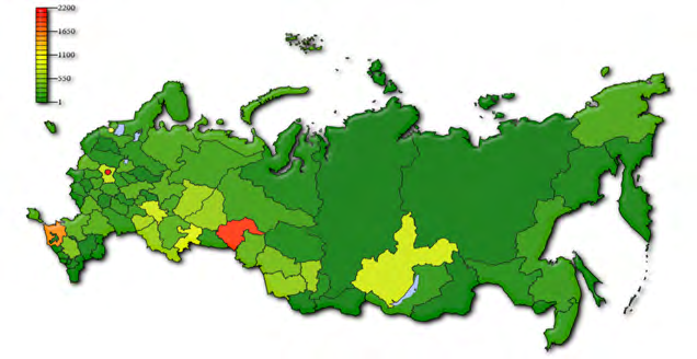 Figure 2: Number of NET patients in different regions of the RF according to data from the National Cancer Registry of the RF (2019).