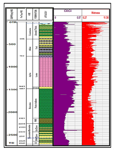 Figure 2: The logview profile of the wetness and iC4/nC4 ratio for NNM 301 well.