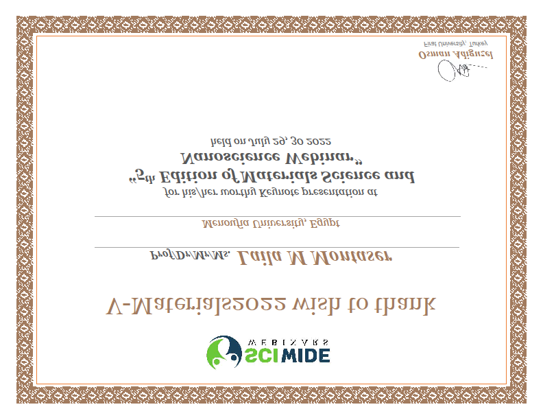 Figure 4: Keynote Certificate of recognition awarded to Prof. Laila M. Montaser from 5th Edition of Materials Science and Nanoscience Conference 2022, July 29-30, London, UK.