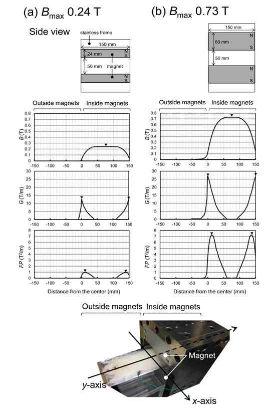 Figure 1: Schematic view of exposure of a ratto a magnet assembly with a vertically oriented and spatial distribution of SMF in two types of magnet assemblies along the _y_-axis. The animals were exposed to a spatially inhomogeneous SMF of _B_max 0.24 T (a) or 0.73 T (b) at the mid-pole field along the _y_-axis. Upper row, magnetic flux density (_B_) values; middle row, magnetic gradient (_G_) values; lower row, force product (_FP_) values; and ▼, respective peak values.