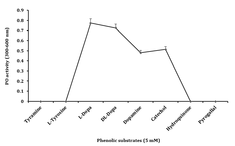 Figure 1: However, the monophenols including tyramine and L–tyrosine, or polyphenols such as pyrogallol and hydroquinone activated to show any oxidation by serum. In all the above experiments, the results were expressed in absorbance at 300 - 600 nm. Since the highest oxidative activity was obtained with L–DOPA, this substrate was used to detect PO activity in all subsequent experiments performed in this study.