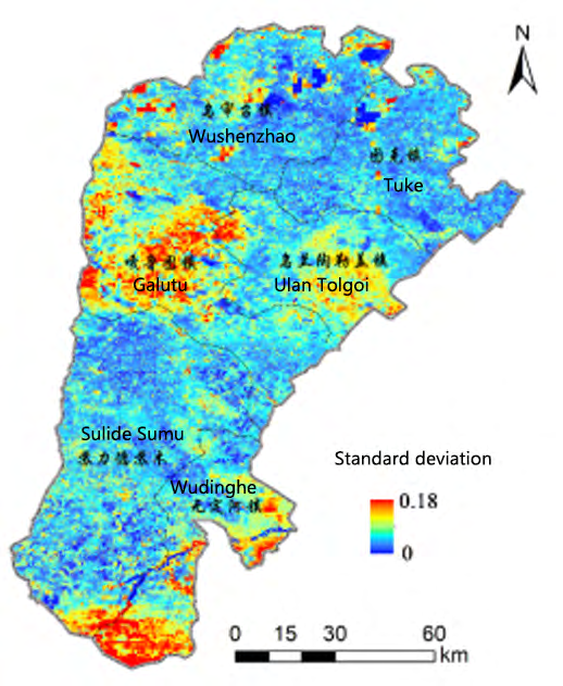Figure 30: Distribution of different dune types and land use types in Uxin Banner.