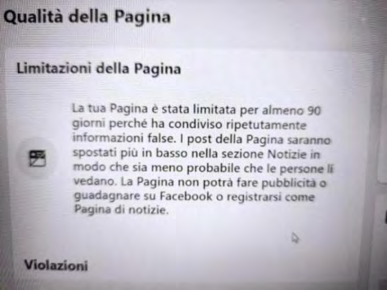 Figure 1: Freezing of a FB page to 90 days for “sharing false information”.
