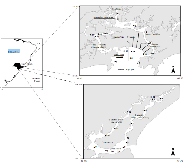 Figure 1: Map of the two estuarine systems studied showing the sampling stations.