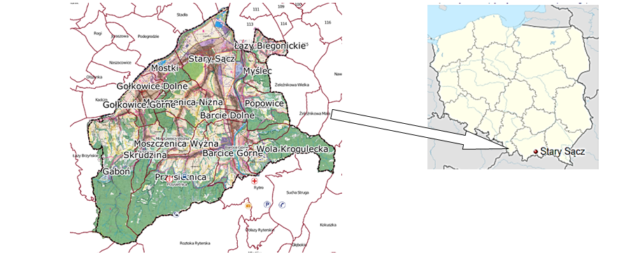 Figure 1: Administrative division of the town and commune of Stary Sącz a) localisation in the southern part of Poland.